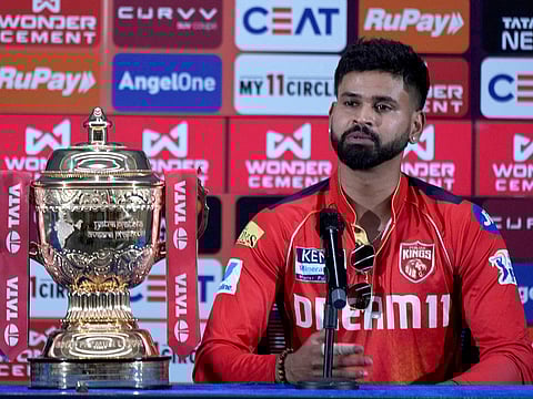 Captain of Punjab Kings Shreyas Iyer addresses a press conference on the eve of the final match of Indian Premier League at Narendra Modi stadium in Ahmedabad, India, Monday, June 2, 2025.