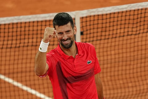 Serbia's Novak Djokovic celebrates after winning the French Open quarter-finals against Germany's Alexander Zverev at the Roland-Garros stadium in Paris on Thursday.
