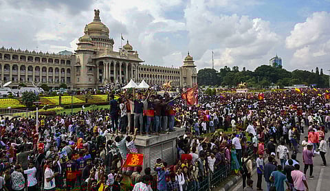 Thousands gather outside the Vidhana Soudha to celebrate with Royal Challengers Bengaluru players winning the Indian Premier League (IPL), in Bengaluru on June 4, 2025.