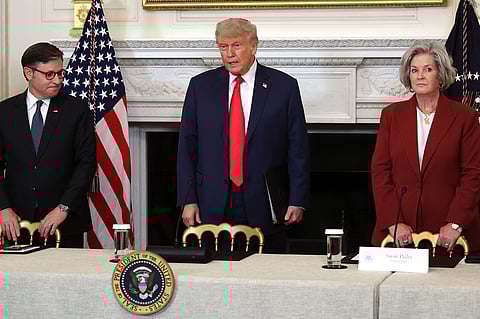 S. President Donald Trump, Speaker of the House Mike Johnson (R-LA) and White House Chief of Staff Susie Wiles arrive for the Invest America Roundtable in the State Dinning room at the White House on June 09, 2025 in Washington, DC.