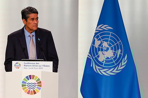 Palau's President Surangel Whipps Jr addresses the opening session of the third United Nations Ocean Conference (UNOC3), which gathers leaders, researchers and activists to discuss how to protect marine life until June 13, at the Centre des Expositions conference centre in the French riviera city of Nice, on June 9, 2025.