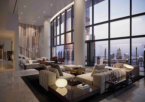 The penthouse offers direct views of Burj Khalifa and Dubai Fountain