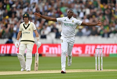 Kagiso Rabada celebrates a wicket during the first day of the World Test Championship yesterday.