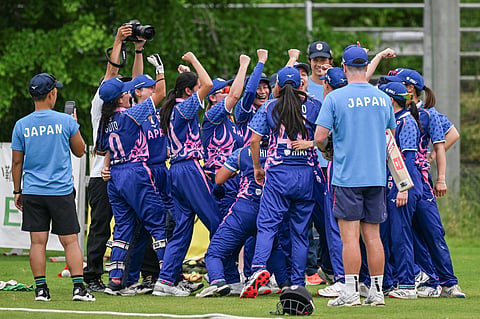 This photo taken on June 4, 2025 shows Japan's women's cricket team gathering together prior to the start of the women's Sano City International Trophy cricket match between Japan and Hong Kong in Sano, Tochigi prefecture.