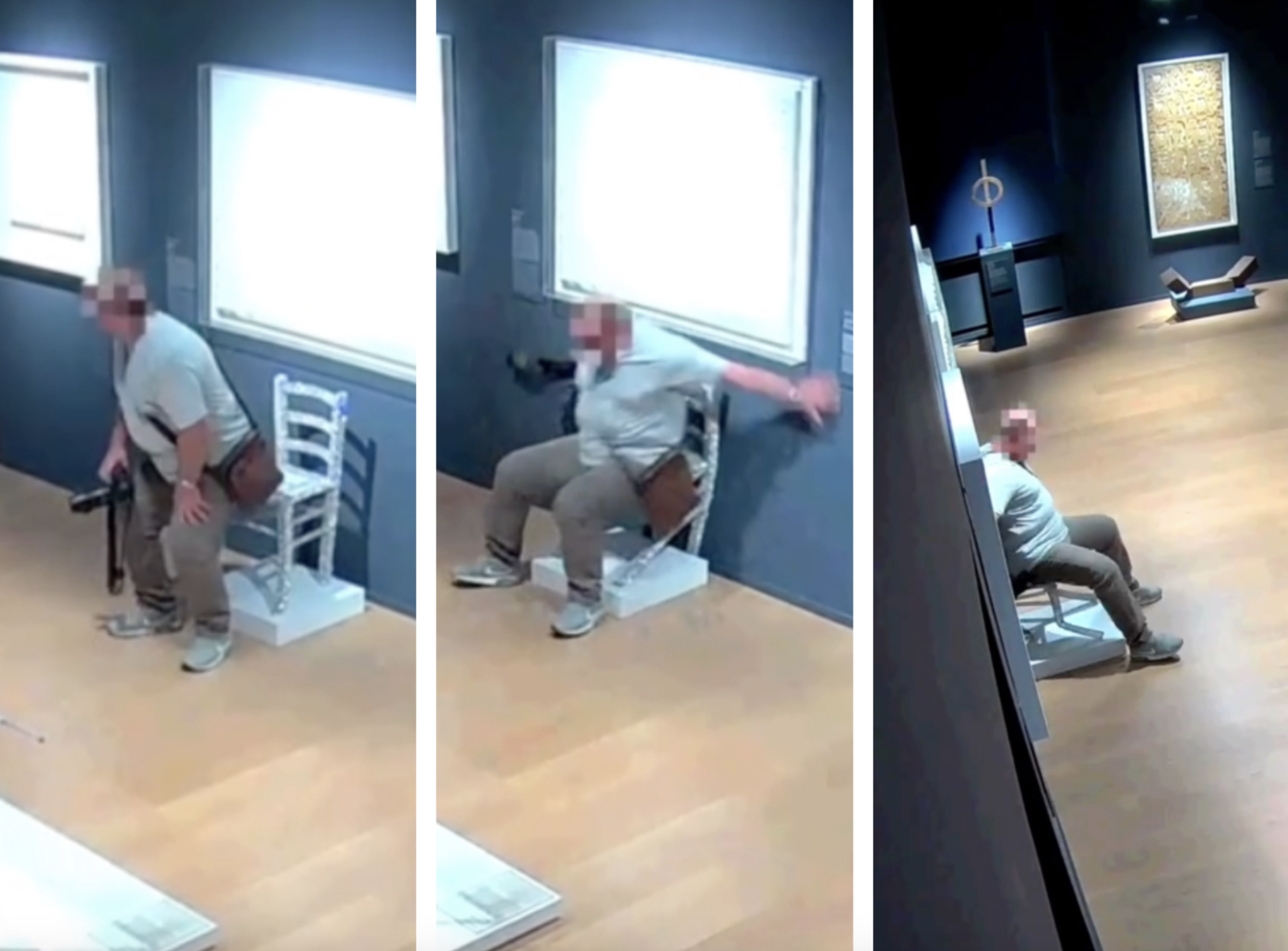 The man holds on to the wall behind him to keep himself from falling, even as the artwork gets badly damaged.