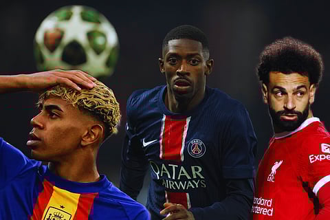 The footballers in the race for Ballon d'Or: From left — Lamine Yamal, Ousmane Dembélé and Mohamed Salah.