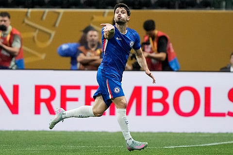 Chelsea's Pedro Neto blows a kiss as he celebrates after scoring the opening goal against Los Angeles FC during the Club World Cup group D match against Los Angeles FC in Atlanta, Monday, June 16, 2025.