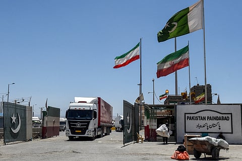 Iranian cargo trucks cross into the Pakistan-Iran border at Taftan, Balochistan province on June 18, 2025. Photo for illustrative purpose only