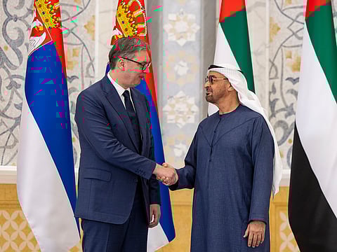 UAE President His Highness Sheikh Mohamed bin Zayed Al Nahyan meets Aleksandar Vučić, President of the Republic of Serbia at Qasr Al Watan in Abu Dhabi.