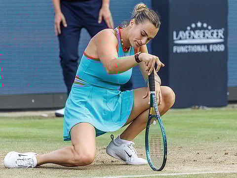 Belarus' Aryna Sabalenka gestures as she misses a point as she plays Switzerland's Rebeka Masarova during their women's singles match of the Berlin WTA tennis tournament in Berlin, Germany.