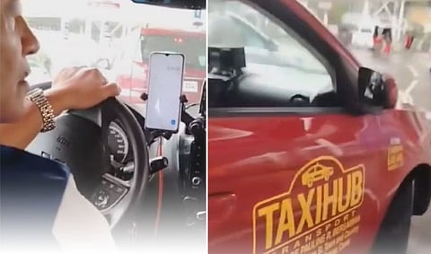 Screengrabs from the viral video show the taxi driver during the overcharging incident (left) and the red Taxi Hub unit involved (right), captured outside NAIA Terminal 3.