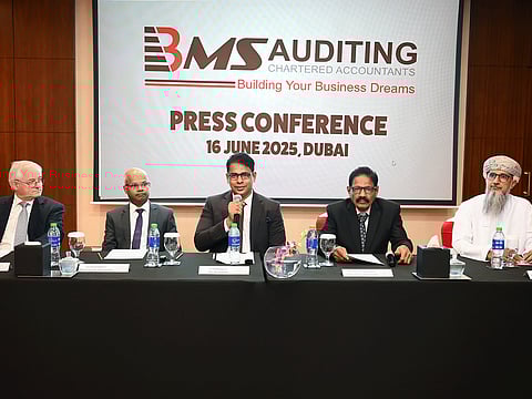 Paul Gillies - Senior Director & Partner (UK ) BMS Auditing , Selvan Dharmaraj - Senior Director BMS Auditing , CA Shehinsha KP - Founder & CEO BMS Auditing , Musthafa Pallikkalakath - Global Advisor - BMS Auditing , Badar Saif Al Kindi - Senior Director & Partner (Oman) BMS Auditing attending the press conference in Dubai.