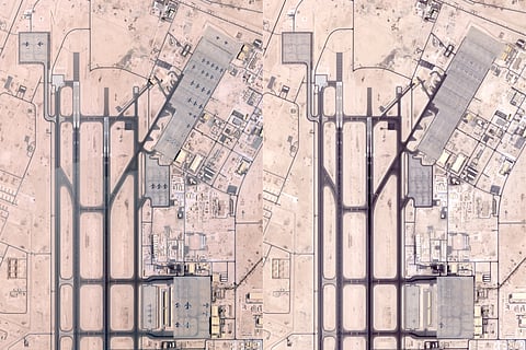 This is a combination of handout satellite photos obtained from Planet Labs PBC on June 19, 2025. The photo taken on June 5, 2025 (left), shows military planes at the US military base of Al Udeid in Qatar. The photo taken on June 19, 2025, shows no more planes at the base.