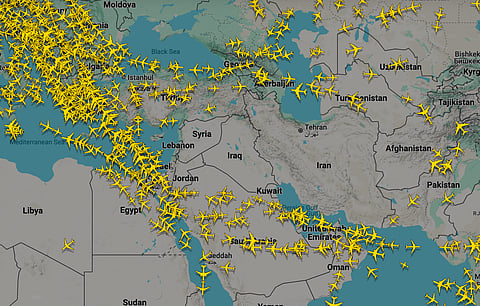 Flight Radar shows the empty airspace over a large part of the Middle East