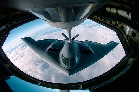 This 4 April, 2005 Department of Defense handout image shows a B-2 Spirit multi-role bomber conducting air refueling operations with a KC-135 Stratotanker over the Pacific Ocean.