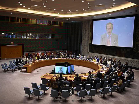 Director General of the International Atomic Energy Agency (IAEA) Rafael Grossi, speaks during a United Nations Security Council meeting on the Israel-Iran conflict at the UN headquarters in New York.
