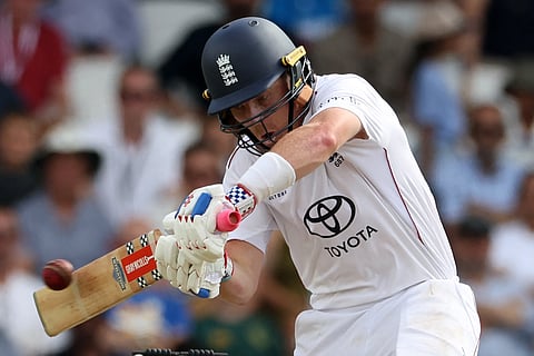England's Ollie Pope plays a shot on day two of the first cricket Test against India at Headingley, Leeds, on June 21, 2025.