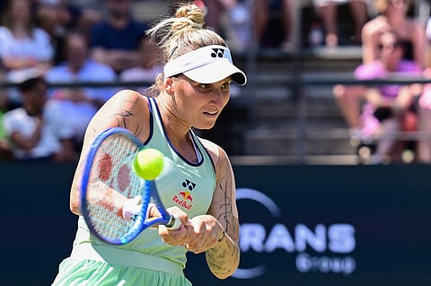 Czech Republic's Marketa Vondrousova returns the ball to Belarus' Aryna Sabalenka (not in picture) during their semi-final match at the WTA tennis tournament in Berlin on June 21, 2025.