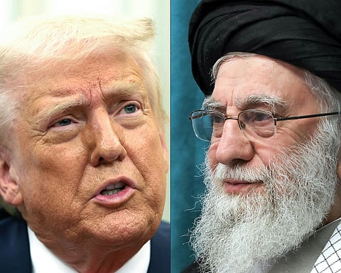 This combination of pictures created on March 9, 2025 shows US President Donald Trump in the Oval Office of the White House on March 6, 2025 in Washington, DC, and Iran's Supreme Leader Ayatollah Ali Khamenei attending a meeting with Iranian goverment officials in Tehran on March 8, 2025.