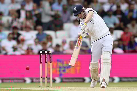 England's Harry Brook hits a boundary on day three of the first cricket test match against India at Headingley cricket ground in Leeds, northern England on June 22, 2025.