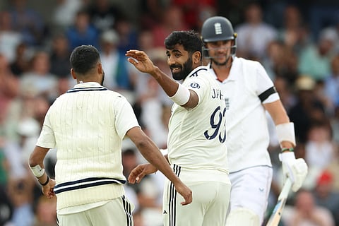 India's Jasprit Bumrah (C) reacts to taking his fifth wicket, that of England's Josh Tongue (R) on day three of the first cricket Test match against England at Headingley cricket ground in Leeds, northern England on June 22, 2025.