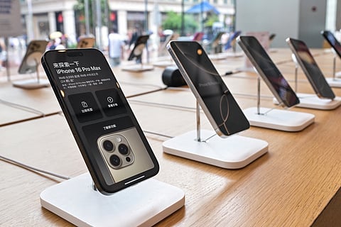 Iphone 16 Pro Max phones are seen on display at an Apple store in the Huangpu district in Shanghai, on June 23, 2025.