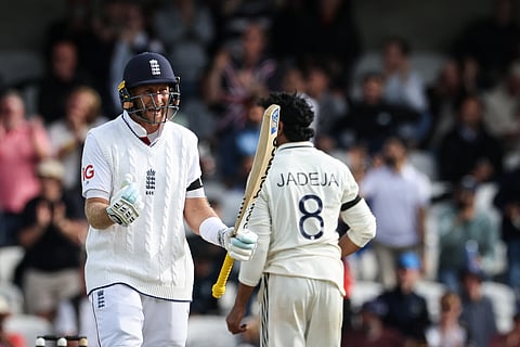 England's Joe Root celebrates winning on day five of the first cricket test match against India at Headingley cricket ground in Leeds, northern England on June 24, 2025.