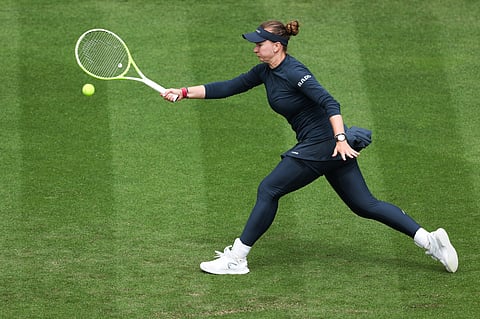 Czech Republic's Barbora Krejcikova plays a forehand return to Britain's Harriet Dart during their women's singles tennis match on day two at the Rothesay Eastbourne International tennis tournament in Eastbourne, southern England, on June 24, 2025.
