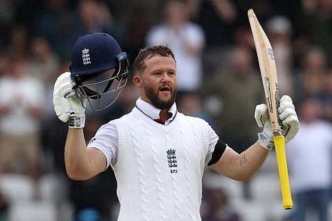 England's Ben Duckett celebrates his century on day five of the first cricket Test match against India at Headingley, Leeds, on June 24, 2025.