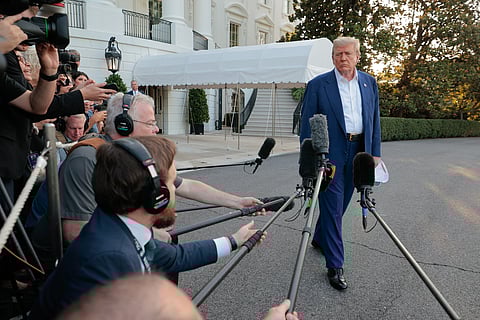 US President Donald Trump speaks to reporters before boarding the Marine One presidential helicopter and departing the White House on June 24, 2025 in Washington, DC. Less than 12 hours after announcing a ceasefire between Israel and Iran, Trump is traveling to the Netherlands to attend the NATO leaders' summit.