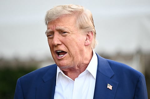 Trump speaks the press before boarding Marine One from the South Lawn of the White House in Washington, DC on June 24, 2025, to attend the NATO's Heads of State and Government summit in The Hague.