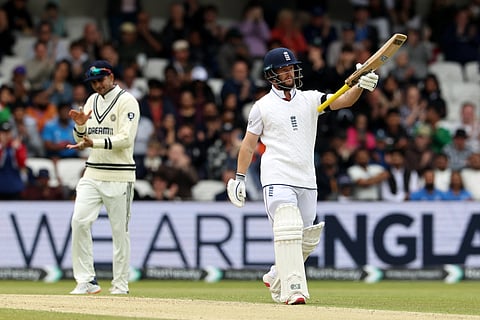 England's Ben Duckett celebrates his half-century on day five of the first cricket Test match against India at Headingley cricket ground in Leeds, northern England on June 24, 2025.