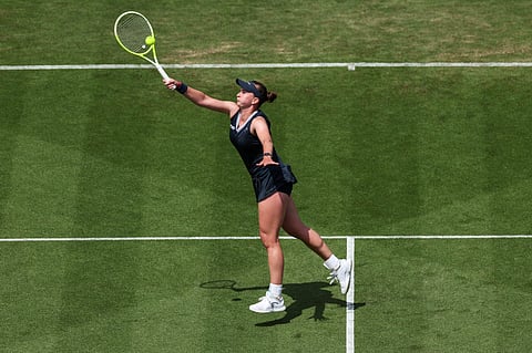 Czech Republic's Barbora Krejcikova plays a forehand return to Britain's Jodie Burrage during their women's singles round of 16 tennis match on day three at the Rothesay Eastbourne International tennis tournament in Eastbourne, southern England, on June 25, 2025.