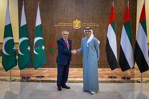 Sheikh Abdullah bin Zayed Al Nahyan with Mohammad Ishaq Dar in Abu Dhabi.