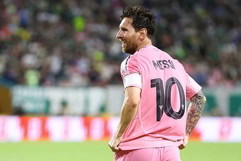 Lionel Messi of Inter Miami acknowledges the fans during the FIFA Club World Cup 2025 Group A match against Palmeiras at Hard Rock Stadium in Miami Gardens, Florida, on June 23, 2025.