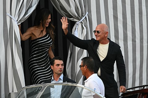 Lauren Sanchez and US founder of Amazon, Jeff Bezos, leave the Aman Hotel in Venice on June 25, 2026.