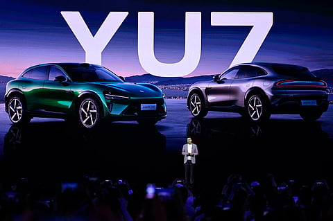Lei Jun, Chairman and CEO of Chinese electronics company Xiaomi, introduces the Xiaomi YU7 car, during a launching event in Beijing on June 26, 2025.