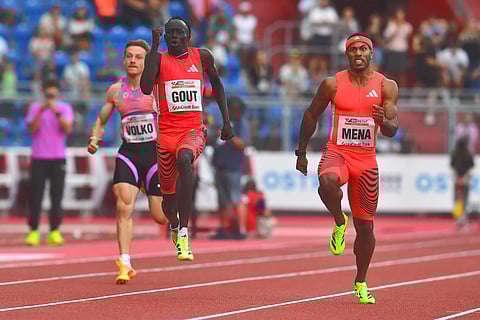 Australia’s Gout Gout (centre) competes during the men's 200m race at the 64rd Golden Spike athletics meeting in Ostrava, Czech Republic, on June 24, 2025.