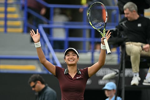 Philippines' Alexandra Eala celebrates after beating France's Varvara Gracheva in the women's singles semifinal of the Lexus Eastbourne International tennis tournament in southern England on June 27, 2025.