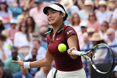 Philippines' Alexandra Eala returns to Australia's Maya Joint during the women's singles final of the Lexus Eastbourne International tennis tournament in Eastbourne, southern England, on June 28, 2025.