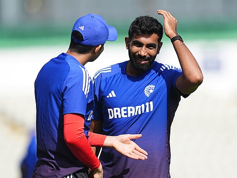 India captain Shubman Gill (left) and Jasprit Bumrah speak during a net session at Edgbaston on Monday.