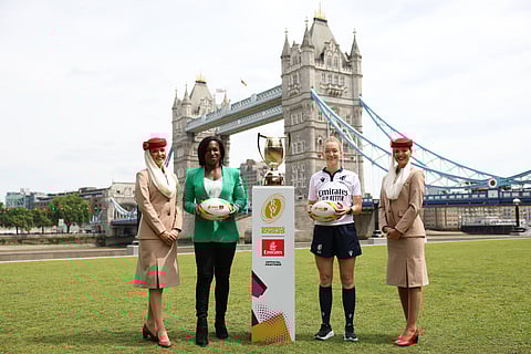 Rugby union referee, Hollie Davidson (right), and former rugby union player, Maggie Alphonsi (left), with Emirates Cabin Crew in London as Emirates signs on as Official Partner of the Women’s Rugby World Cup 2025.