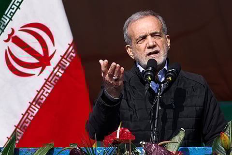 President Masoud Pezeshkian speaks during a rally on February 10, 2025, in Tehran.