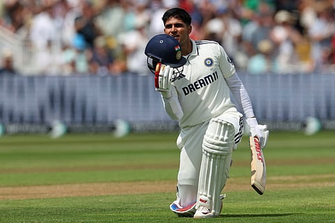India's captain Shubman Gill celebrates after reacts his maiden double century on day two of the second Test at Edgbaston on Thursday.