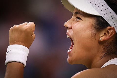 Britain's Emma Raducanu celebrates after winning a point against Belarus's Aryna Sabalenka during their women's singles third round tennis match of the 2025 Wimbledon Championships in southwest London on July 4, 2025.