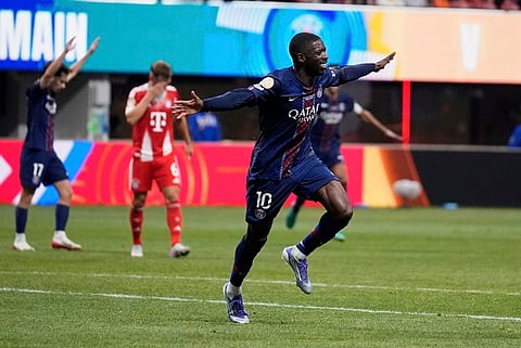 Paris Saint-Germain's Ousmane Dembele celebrates after scoring his team's second goal during the Club World Cup quarterfinal against Bayern Munich in Atlanta in the US on July 5, 2025.