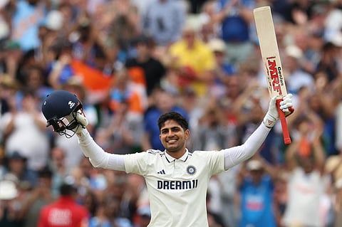 India's captain Shubman Gill reacts on reaching his century on Day 4 of the second cricket Test against England at Edgbaston in Birmingham, central England, on July 5, 2025.
