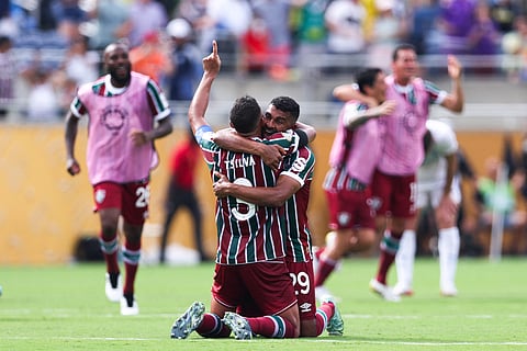 Thiago Silva 3 and Thiago Santos of Fluminense FC celebrate victory following the Fifa Club World Cup 2025 quarter-final match against Al Hilal at Camping World Stadium on July 04, 2025 in Orlando, Florida.