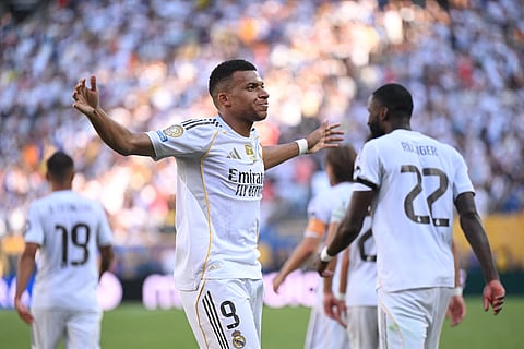 Kylian Mbappe of Real Madrid C.F. celebrates scoring his team's third goal during the Fifa Club World Cup 2025 quarter-final match against Borussia Dortmund at MetLife Stadium on July 05, 2025 in East Rutherford, New Jersey.