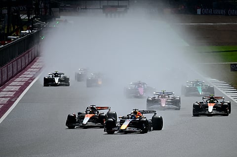 Red Bull Racing's Dutch driver Max Verstappen leads during the Formula One British Grand Prix at the Silverstone motor racing circuit in Silverstone, central England, on July 6, 2025.